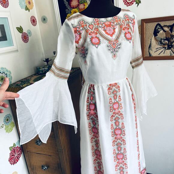 Vintage Alfred Shaheen Bell Sleeve Maxi Dress, 1970s Pink Paisley Gown Sz XS - Picture 8 of 10